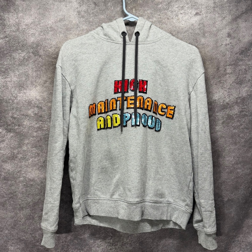 Alice + Olivia High Maintenance and Proud Sequin Pullover Hoodie Gray Size S